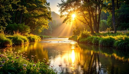 Obraz premium Sunrise River Forest Landscape.