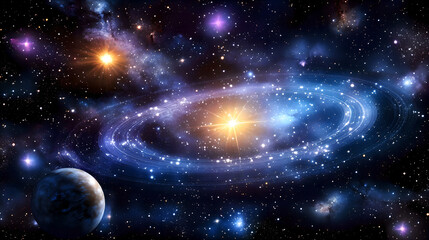Fototapeta premium Protoplanetary disk with glowing organic molecules resembling cosmic constellations.