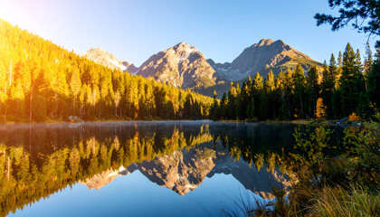 Fototapeta premium Mountain Peaks Reflected In Calm Lake At Sunrise With Golden Sunlight and Green Trees