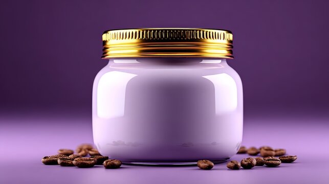White glass jar with golden screw lid, smooth and transparent body, surrounded by coffee beans, placed on light purple background, creating a coffee - related product display atmosphere.