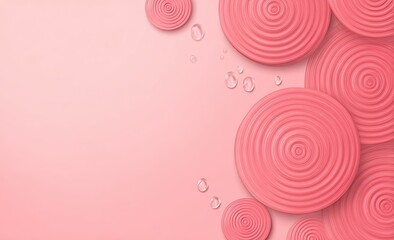 Abstract pink circles with concentric rings and water droplets on a pale pink background