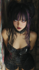 Korean model posing in dark fashion outfit with striking makeup against an artistic urban backdrop