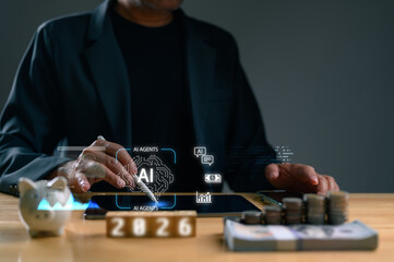 Businessman using AI agent technology financial investment planning savings growth analysis....