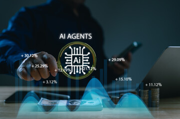 Businessman analyzes AI agents' investment performance with magnifying glass over futuristic chart....