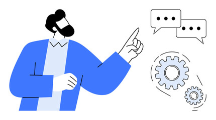 Man in blue jacket pointing at speech bubbles and gears indicating teamwork, communication, innovation, and strategy. Ideal for collaboration, discussion, business, leadership, problem-solving