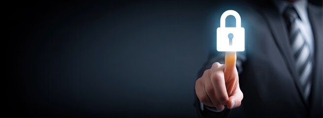 Businessman's finger points at a glowing lock icon