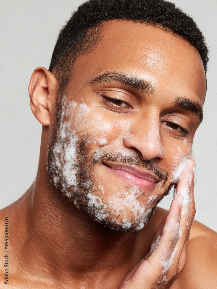 Poster man enjoying a skincare routine with facial cleanser in a well-lit indoor setting, emphasizing self-