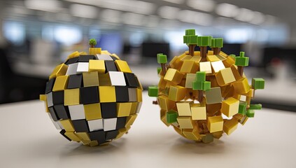 Two pixelated globes, one black/yellow/white, the other gold/green, sit on a white surface