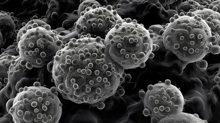 Close up grayscale microscopic view of spherical cells covered in smaller spheres biology science