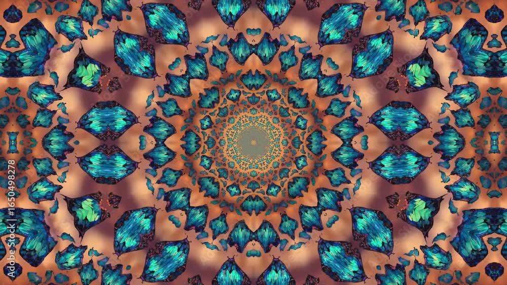 Poster mesmerizing kaleidoscopic pattern of teal and orange abstract shapes, creating a vibrant, dynamic vi