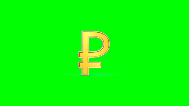 3D Animated Detailed View of Spinning Golden Ruble Russian Currency Symbol Crafted on Green Background.
