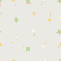 Seamless vector pattern with floating dandelion fluff, flower and leaves. Warm neutral spring floral background design for cards, fabric, wrapping, textiles, wallpaper, and stationery.