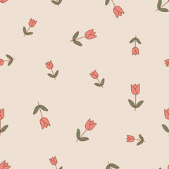 Tulip vector pattern, seamless repeating background, flat illustration. Pastel flower pattern with icons, floral wallpaper design for cards, fabric, wrapping, textiles, wallpaper, and stationery.