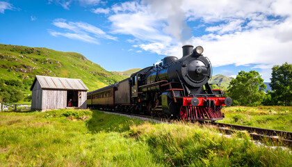 Naklejka premium Steam train scenic landscape journey