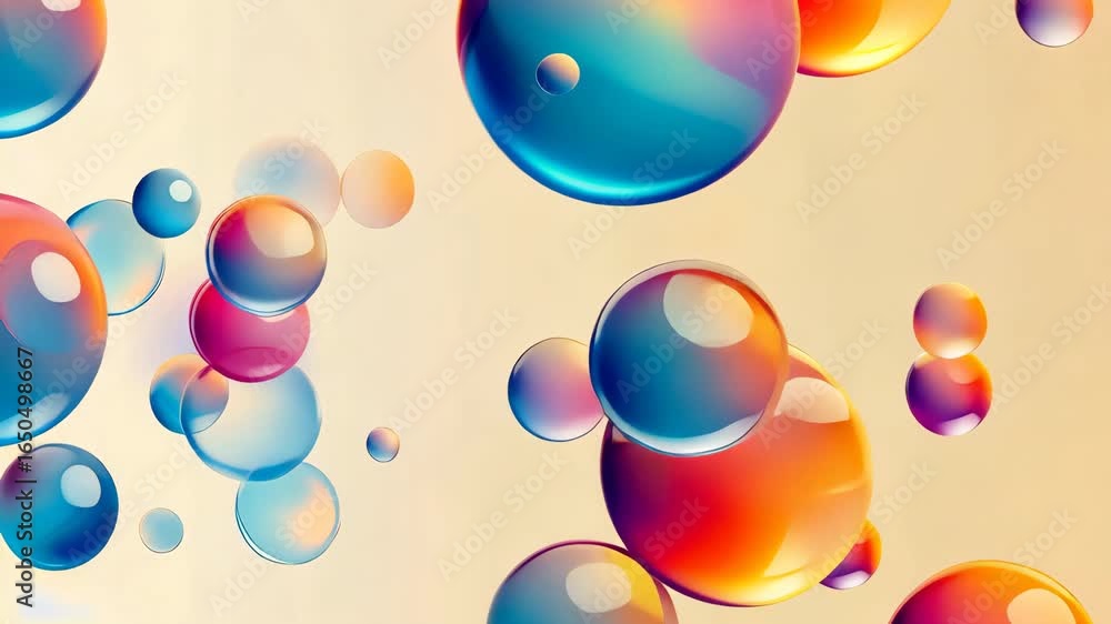 Poster abstract motion background with colorful spheres and gradient reflections, smooth animation