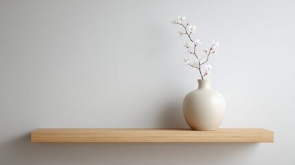 Cherry blossom branch in vase on shelf against plain wall