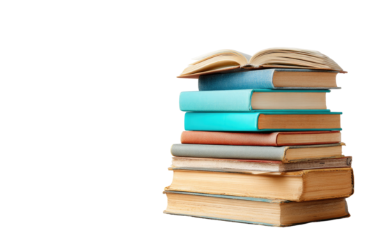 Stack of open books, various colors,  stacked high,  isolated on black