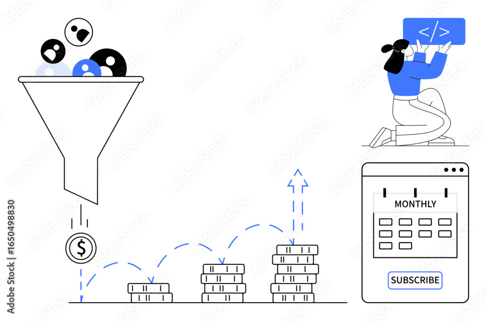 Poster funnel filtering users into coins, growing stacks of coins, programmer coding with markup icon, subs