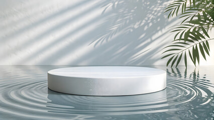 Minimalist white podium on rippling water with palm leaf shadows