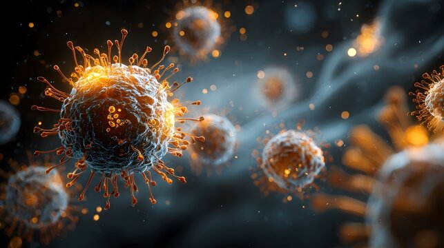 Close up of glowing orange viruses with spike proteins on dark background microscopic biology