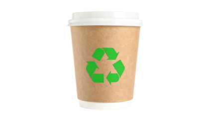 biodegradable coffee cup with green eco symbols, isolated