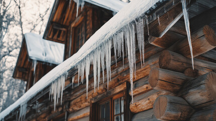 Icicles hanging from the roof of a rustic log cabin.
