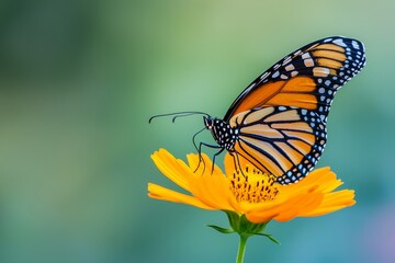 Close-up of monarch butterfly with orange and black wings resting on bright yellow cosmos flower, detailed body texture and white wing dots, sharp focus with blurred green background