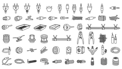 Electrical Cable and Wire Outline Icon Set with Plugs, Connectors, Trays, Protective Accessories, Fiber Optic, Coaxial, and Armored Cable Types
