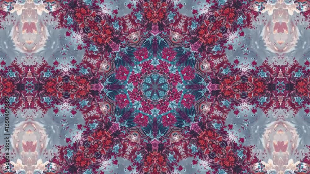 Poster mesmerizing kaleidoscopic floral pattern pulsates with vibrant red and blue hues, creating a dynamic
