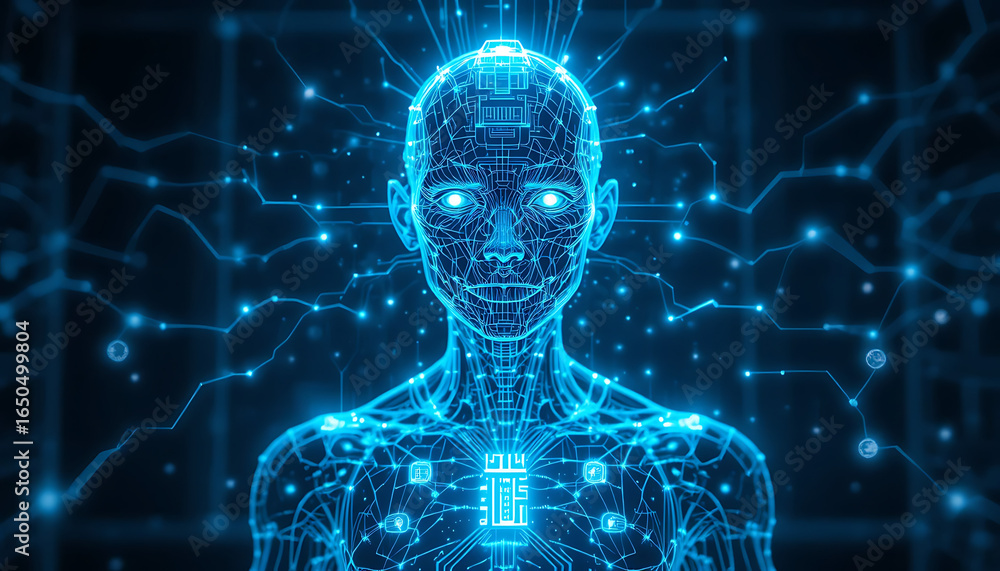 Poster futuristic blue glowing digital human form with intricate circuitry and glowing eyes representing ar