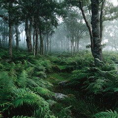 Obraz premium Misty forest path with lush ferns