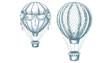 Obraz premium Two Illustrated Air Balloons with Baskets, One Decorated with Flowers and Drapes