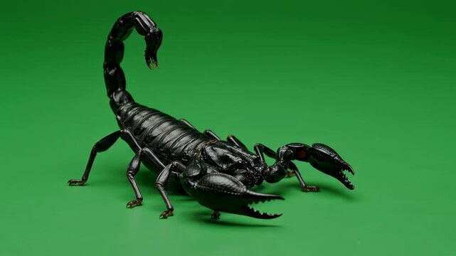 A black scorpion with its tail curved upward on a green background