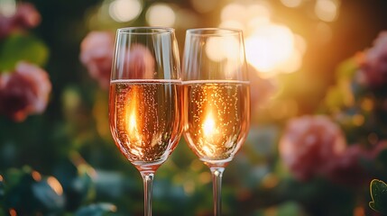 Celebratory toast with pink champagne in elegant flutes, bubbles rising in soft light. A romantic Holiday Background with blurred florals evokes a warm, festive mood. Cheers!