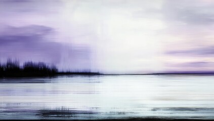 Abstract landscape painting of a serene shoreline at dawn or dusk.  Soft, blended colors of purple, lavender, and white create a hazy atmosphere.  Silhouetted trees form a dark line along the shore