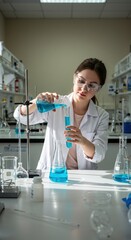 Fototapeta premium Female scientist working in laboratory pouring blue liquid from test tube into another test tube wearing safety goggles and white lab coat with various glassware and equipment on lab bench