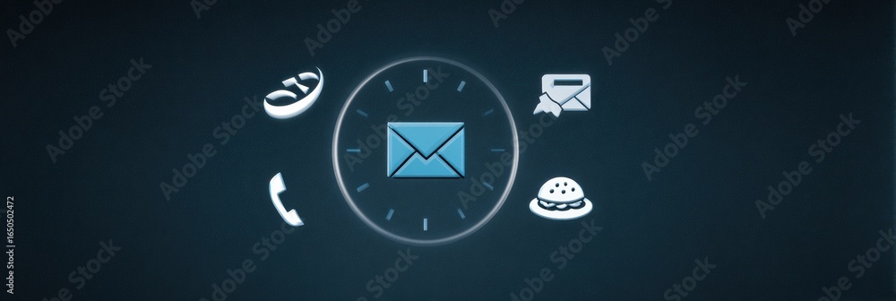 Poster icons representing communication methods and time management in a digital setting