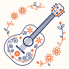 Naklejka premium Acoustic spanish guitar illustration with musical elements
