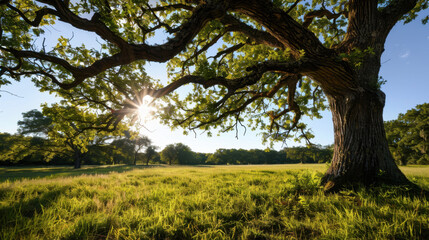 Obraz premium Majestic oak tree with sprawling branches in full greenery under bright sun, casting beautiful shadows on lush grass. serene landscape evokes tranquility and connection to nature