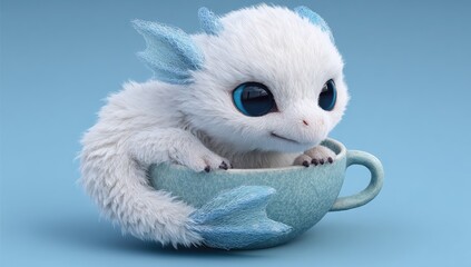 Fototapeta premium Fluffy white dragon cub nestled in a teal teacup. Soft fur, big blue eyes, and a tiny dragon-like snout. Pastel color palette