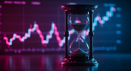 An hourglass sits before a financial graph, symbolizing time and market fluctuations.