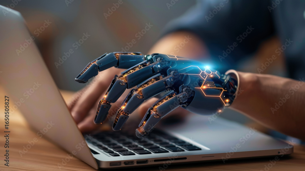 Aufkleber futuristic robotic hand interacts with laptop, showcasing advanced technology and artificial intelli