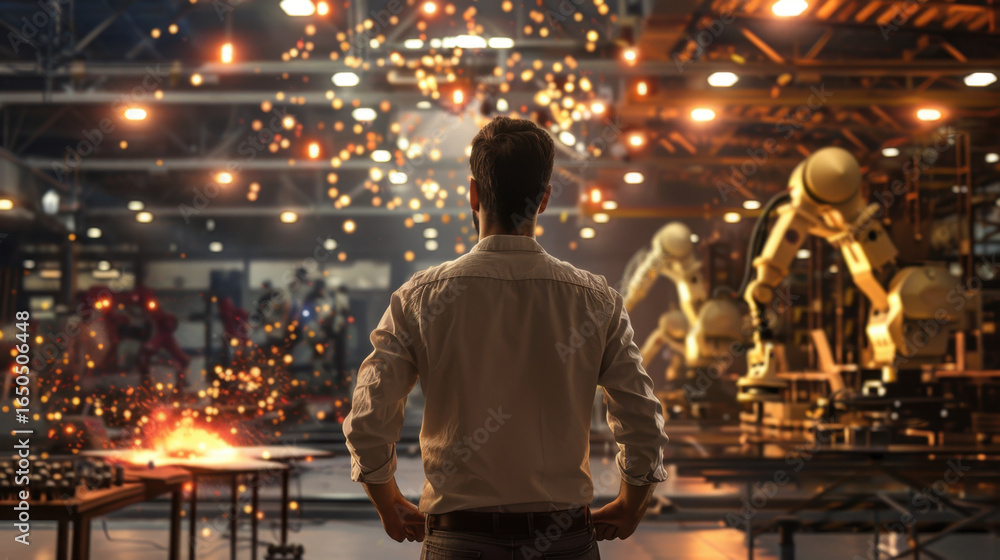 Poster innovative engineer observing advanced robotics in high tech factory, surrounded by sparks and machi