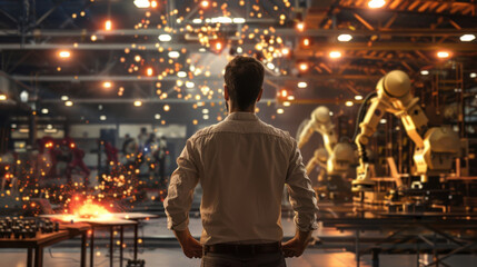 Fototapeta premium Innovative engineer observing advanced robotics in high tech factory, surrounded by sparks and machinery, showcasing future of automation and technology