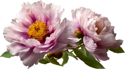 Two open pink peony flowers with green leaves and buds