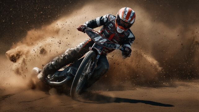 Żużlowiec w dynamicznym wyścigu &ndash; pełna adrenaliny scena sportowa, motocyklista pochylony na zakręcie, unoszący się kurz i prędkość.