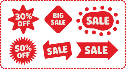 Fun Red Sale Icons 30% Off, 50% Off, Big Sale, Arrow Sale Designs
