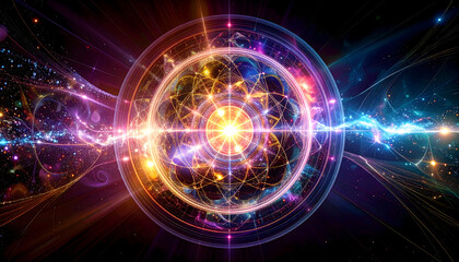 Abstract Digital Illustration of Glowing Energy Sphere in Dark Space with Particle Streams