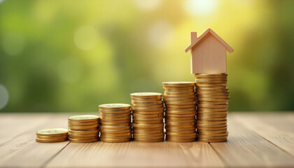 Increasing stacks of coins with a miniature house on top symbolizing savings for a new home