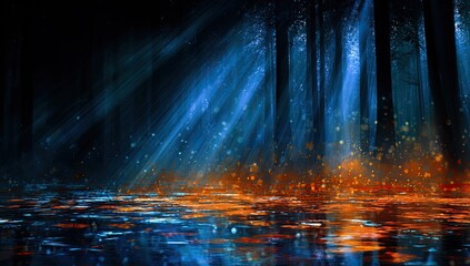 Mystical forest at night, vibrant light beams through trees, reflecting on water